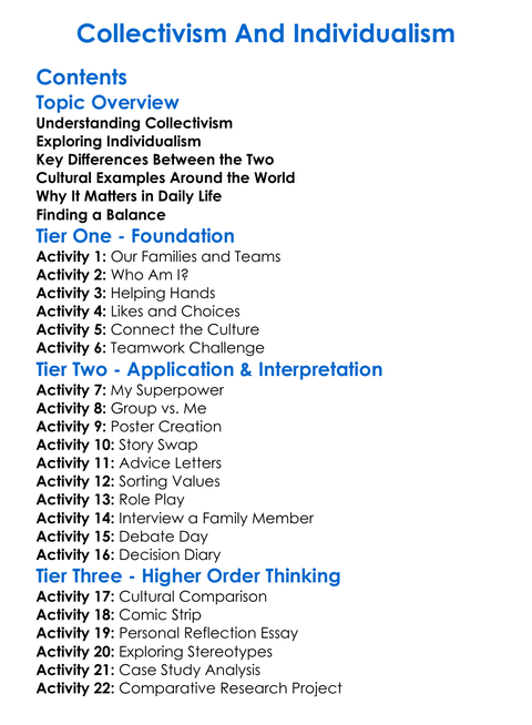 Collectivism And Individualism Worksheet Activity Booklet