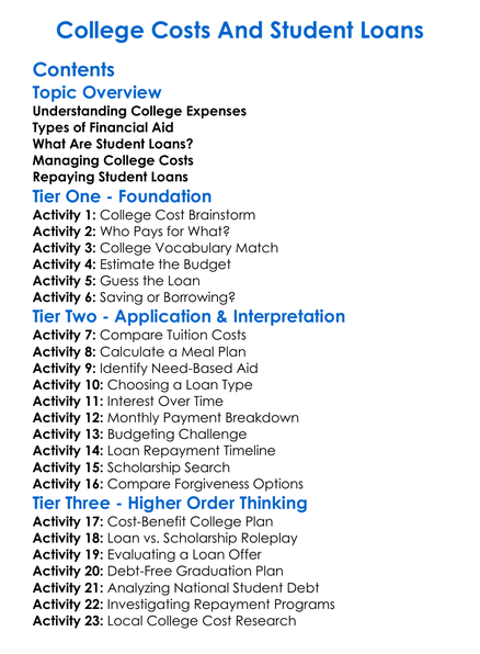 College Costs And Student Loans Worksheet Activity Booklet
