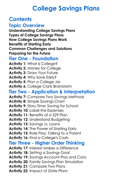 College Savings Plans Worksheet Activity Booklet