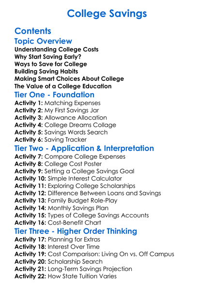 College Savings Worksheet Activity Booklet