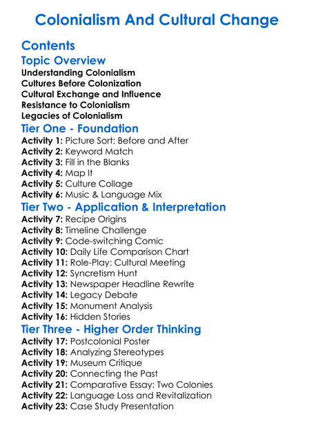 Colonialism And Cultural Change Worksheet Activity Booklet