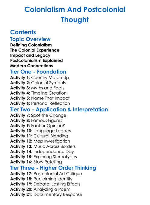 Colonialism And Postcolonial Thought Worksheet Activity Booklet