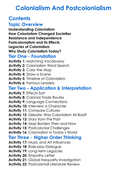 Colonialism And Postcolonialism Worksheet Activity Booklet