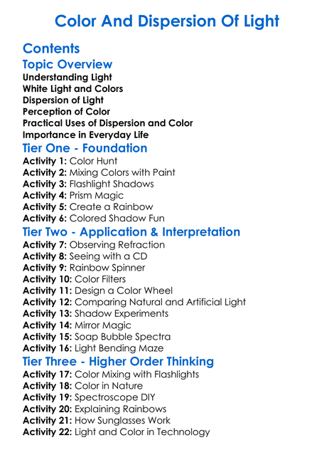 Color And Dispersion Of Light Worksheet Activity Booklet