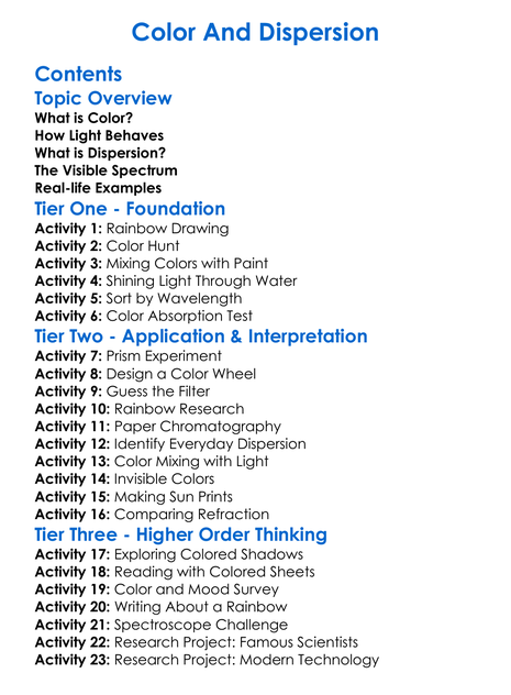 Color And Dispersion Worksheet Activity Booklet