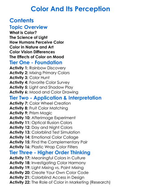 Color And Its Perception Worksheet Activity Booklet