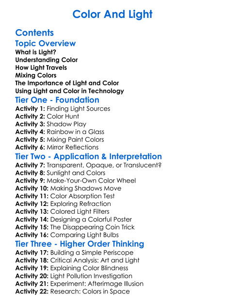 Color And Light Worksheet Activity Booklet