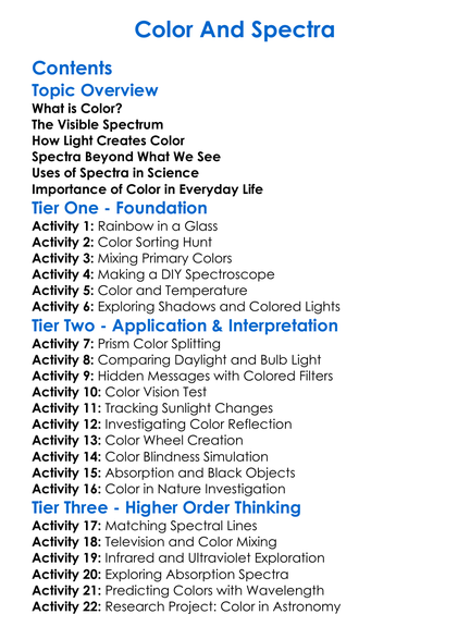 Color And Spectra Worksheet Activity Booklet