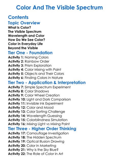 Color And The Visible Spectrum Worksheet Activity Booklet
