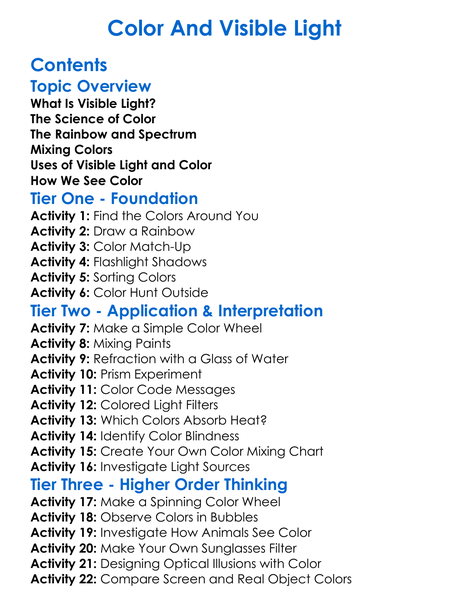 Color And Visible Light Worksheet Activity Booklet