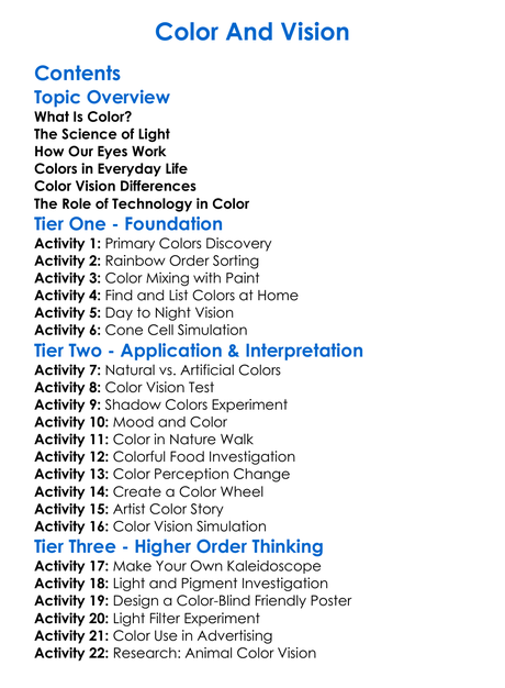 Color And Vision Worksheet Activity Booklet