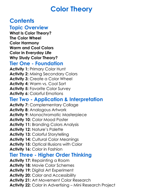 Color Theory Worksheet Activity Booklet
