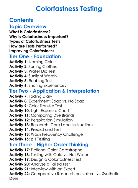 Colorfastness Testing Worksheet Activity Booklet