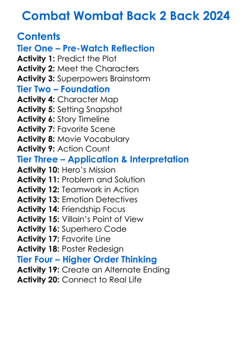 Combat Wombat Back 2 Back 2024 Worksheet Activity Booklet
