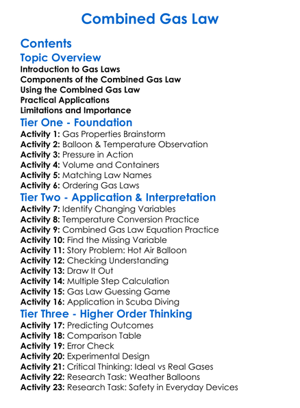 Combined Gas Law Worksheet Activity Booklet