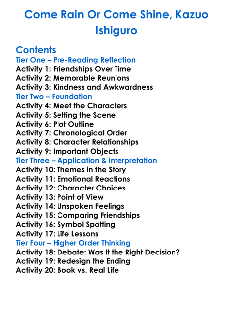 Come Rain Or Come Shine Kazuo Ishiguro Worksheet Activity Booklet