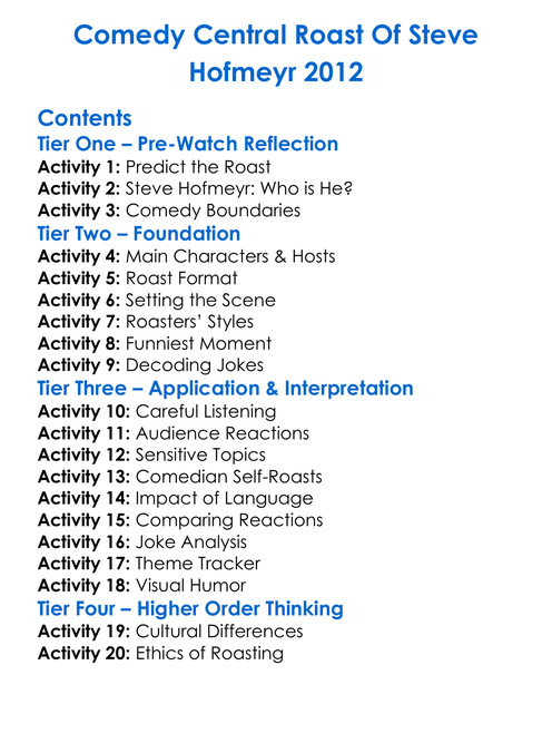 Comedy Central Roast Of Steve Hofmeyr 2012 Worksheet Activity Booklet