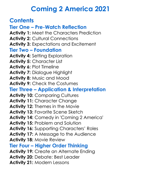 Coming 2 America 2021 Worksheet Activity Booklet