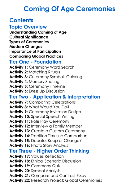 Coming Of Age Ceremonies Worksheet Activity Booklet