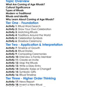 Coming-Of-Age Rituals Worksheet Activity Booklet