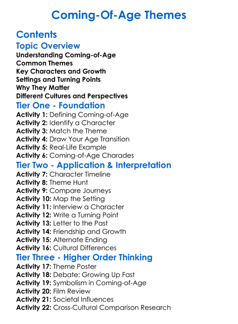 Coming-Of-Age Themes Worksheet Activity Booklet