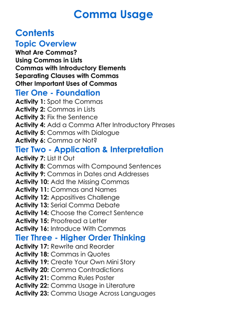 Comma Usage Worksheet Activity Booklet