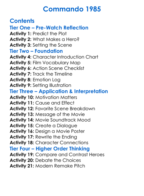 Commando 1985 Worksheet Activity Booklet