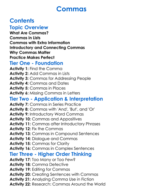 Commas Worksheet Activity Booklet