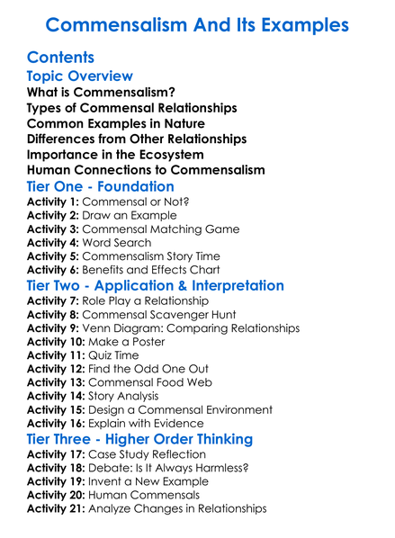 Commensalism And Its Examples Worksheet Activity Booklet