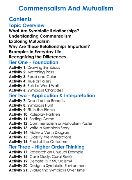 Commensalism And Mutualism Worksheet Activity Booklet