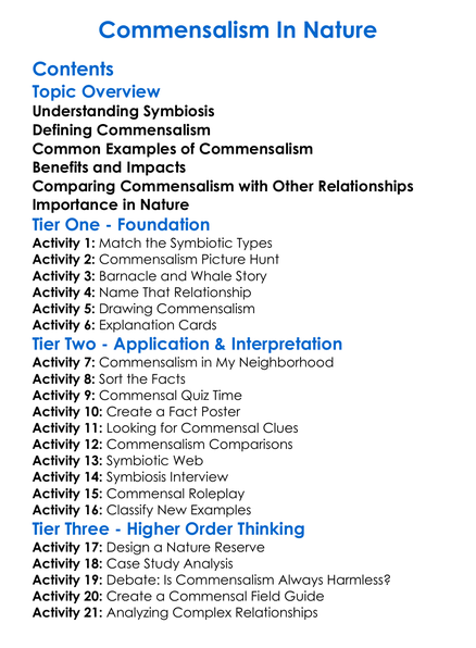 Commensalism In Nature Worksheet Activity Booklet