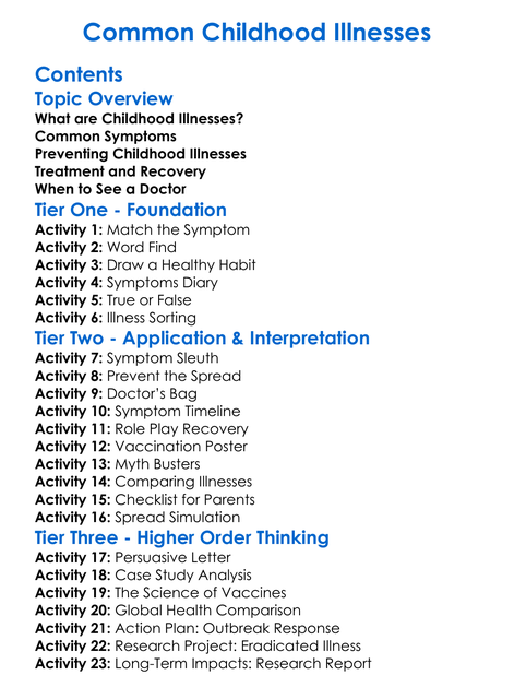 Common Childhood Illnesses Worksheet Activity Booklet