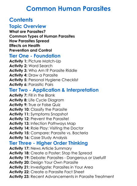 Common Human Parasites Worksheet Activity Booklet
