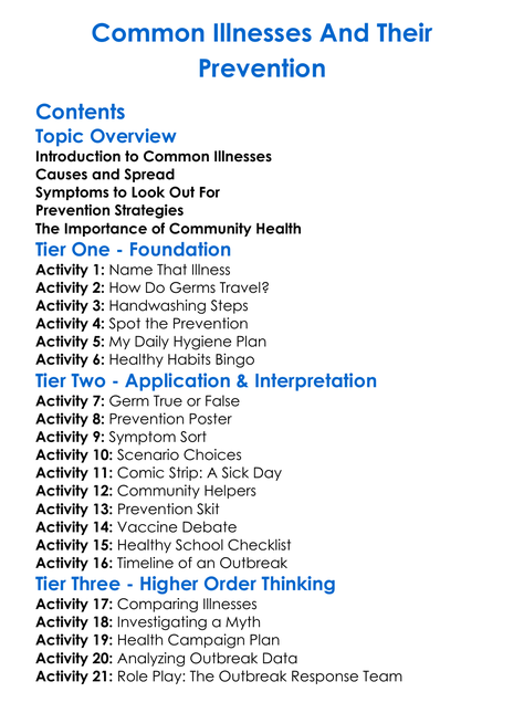 Common Illnesses And Their Prevention Worksheet Activity Booklet
