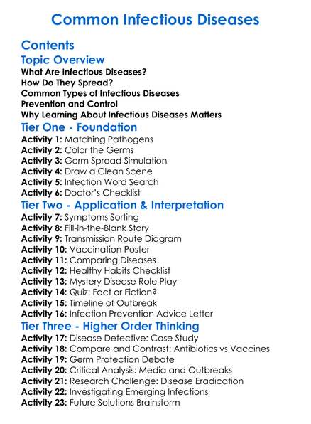 Common Infectious Diseases Worksheet Activity Booklet
