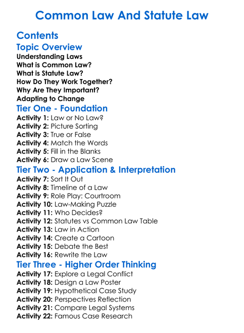 Common Law And Statute Law Worksheet Activity Booklet