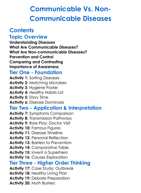 Communicable Vs Non-Communicable Diseases Worksheet Activity Booklet