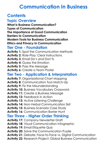 Communication In Business Worksheet Activity Booklet