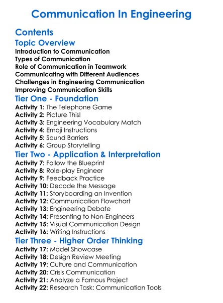 Communication In Engineering Worksheet Activity Booklet