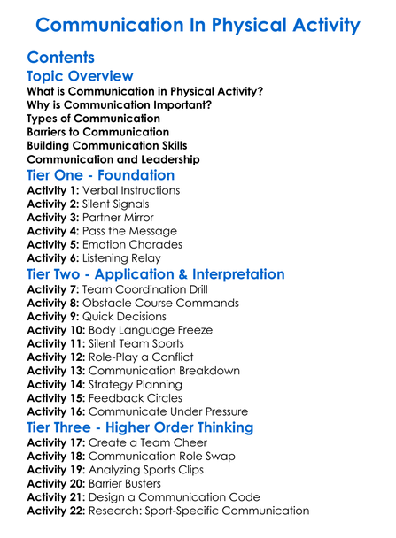 Communication In Physical Activity Worksheet Activity Booklet