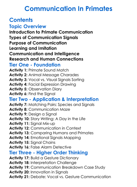 Communication In Primates Worksheet Activity Booklet