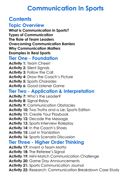 Communication In Sports Worksheet Activity Booklet
