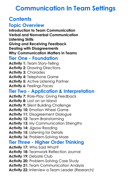 Communication In Team Settings Worksheet Activity Booklet