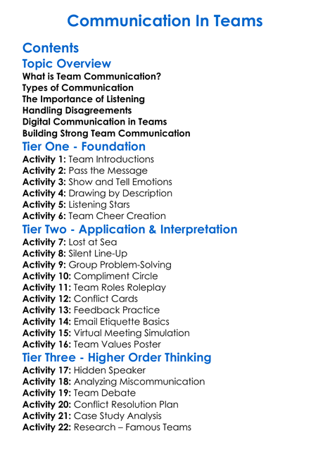 Communication In Teams Worksheet Activity Booklet