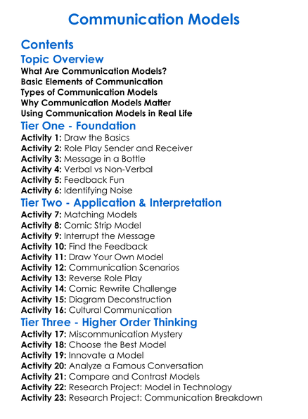 Communication Models Worksheet Activity Booklet