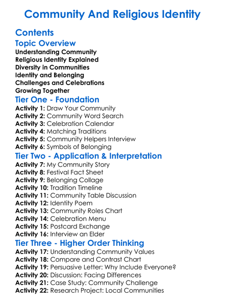 Community And Religious Identity Worksheet Activity Booklet