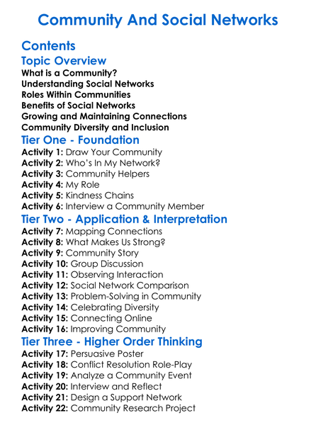 Community And Social Networks Worksheet Activity Booklet