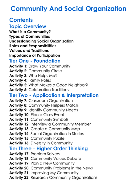 Community And Social Organization Worksheet Activity Booklet