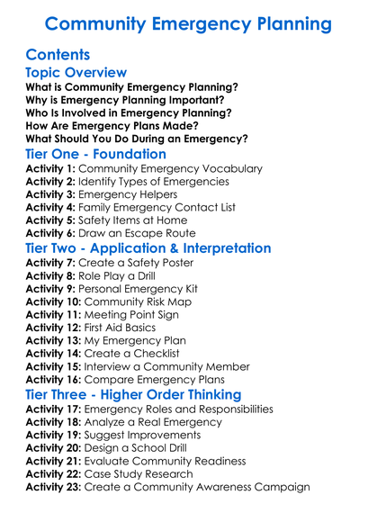 Community Emergency Planning Worksheet Activity Booklet