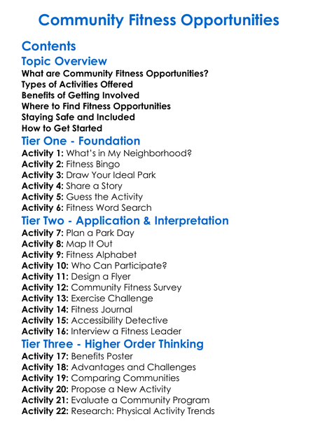 Community Fitness Opportunities Worksheet Activity Booklet